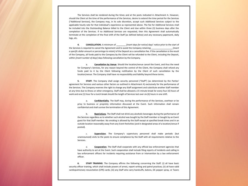 May include: A document with text in black font on a white background, with a light pink border. The text includes sections on cancellation, staff, and confidentiality, with details on service agreements and staff responsibilities.