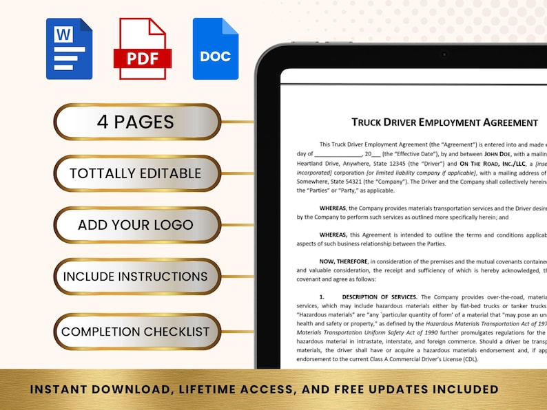 Truck Driver Contract Template: Editable PDF and Word Agreement
