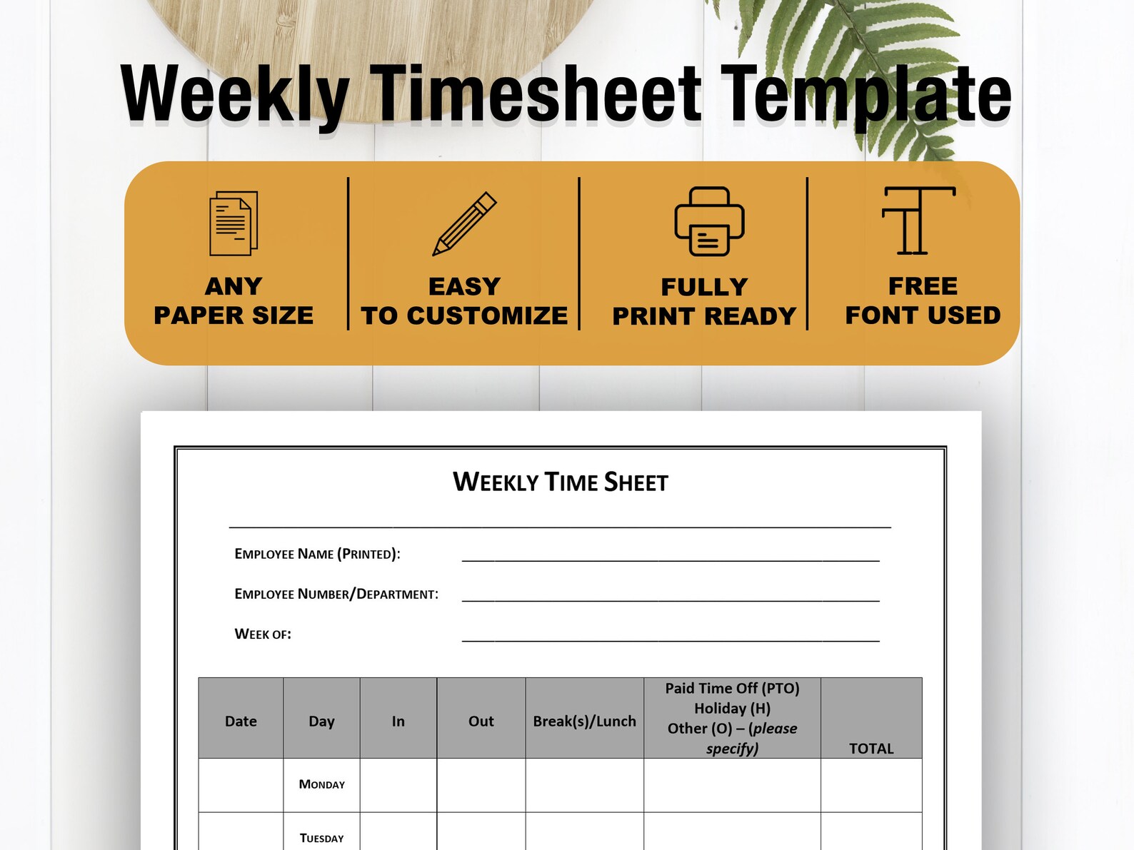 Weekly Timesheet Template Employee Timesheet Printable | Etsy