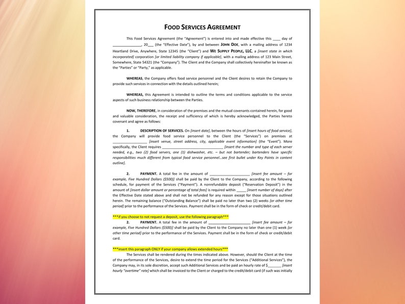Food Services Contract Template Food Service Provider Restaurant