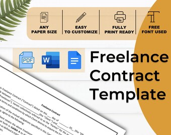 以下が含まれることがあります： 白黒のフリーランス契約書テンプレートで、太字の黒い文字で「Freelance Contract Template」と書いてあります。テンプレートはPDFとWord形式で入手できます。「Any Paper Size」、「Easy to Customize」、「Fully Print Ready」、「Free Font Used」というテキストはオレンジ色のボックスに表示されます。