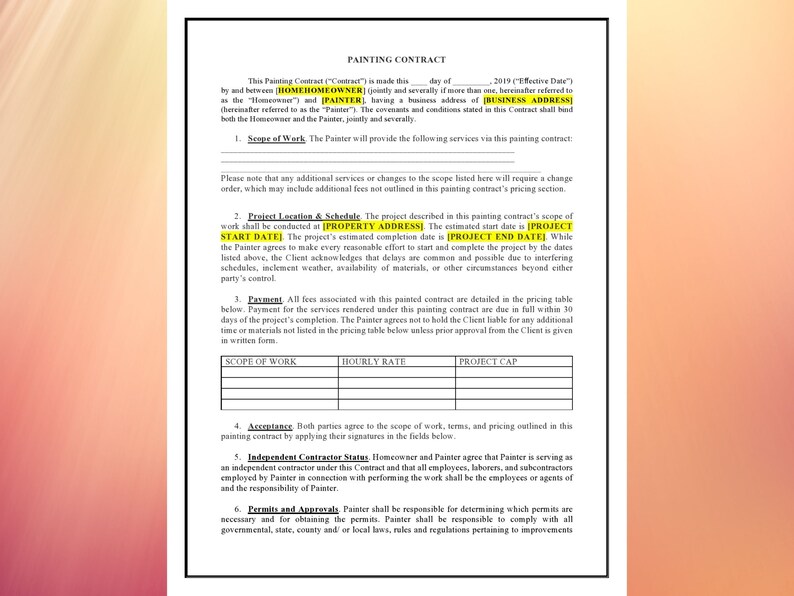 Painting Contract Template Painting Agreement Painter Renovation