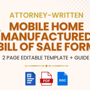 Mobile Home (Manufactured) Bill Of Sale Form | Real Estate | Property Sale | Home Sale | Homeowner | Closing Documents | Real Estate Form