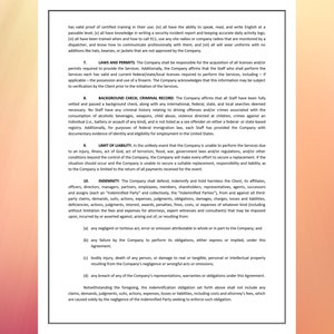 May include: A document with black text on a white background, detailing laws, permits, background checks, and liability limitations. The text is organized in numbered sections, with headings and subheadings.