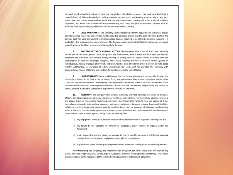 May include: A document with black text on a white background, detailing laws, permits, background checks, and liability limitations. The text is organized in numbered sections, with headings and subheadings.