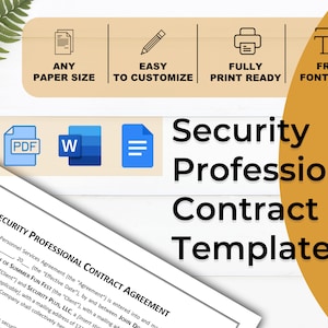 Op de afbeelding: Een Security Professional Contract Template met de tekst "Security Professional Contract Template". Het ontwerp bevat pictogrammen voor elk papierformaat, eenvoudig aan te passen, volledig printklaar en gratis lettertype gebruikt. Beschikbaar in PDF-, Word- en documentformaten.