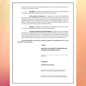 May include: A formal agreement document with text in black font on a white background, framed by a soft pink and yellow border. The document includes sections for signatures and company information, with the text "CLIENT" and "COMPANY" clearly visible.