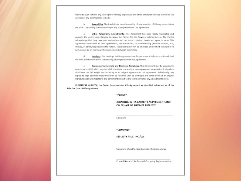 May include: A formal agreement document with text in black font on a white background, framed by a soft pink and yellow border. The document includes sections for signatures and company information, with the text "CLIENT" and "COMPANY" clearly visible.