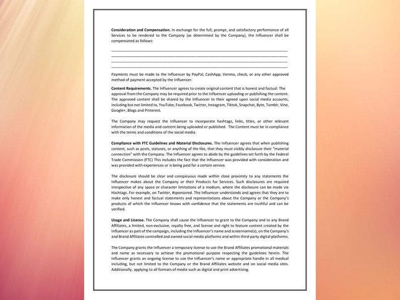 Influencer Marketing Contract Template Agreement Etsy UK