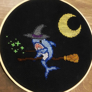 Shark Witch on a Broom Cross Stitch Pattern PDF