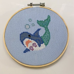 Magical MerShark Finished Cross Stitch Framed in Hoop