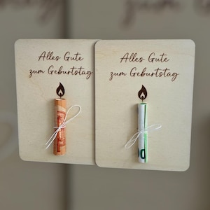Geldgeschenk zum Geburtstag – Kreative Geburtstagskarte mit Geldschein-Kerze aus Holz – Handgemacht & selbst designt