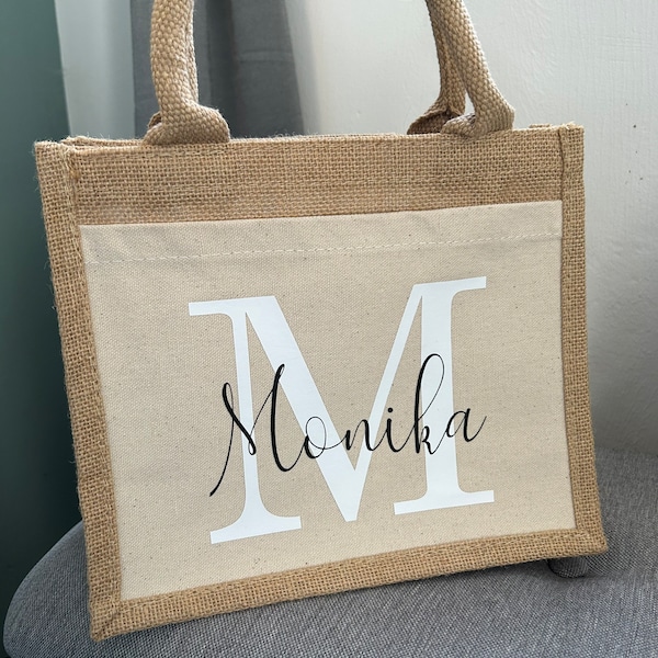 Jute bag personalized initial with name gift idea
