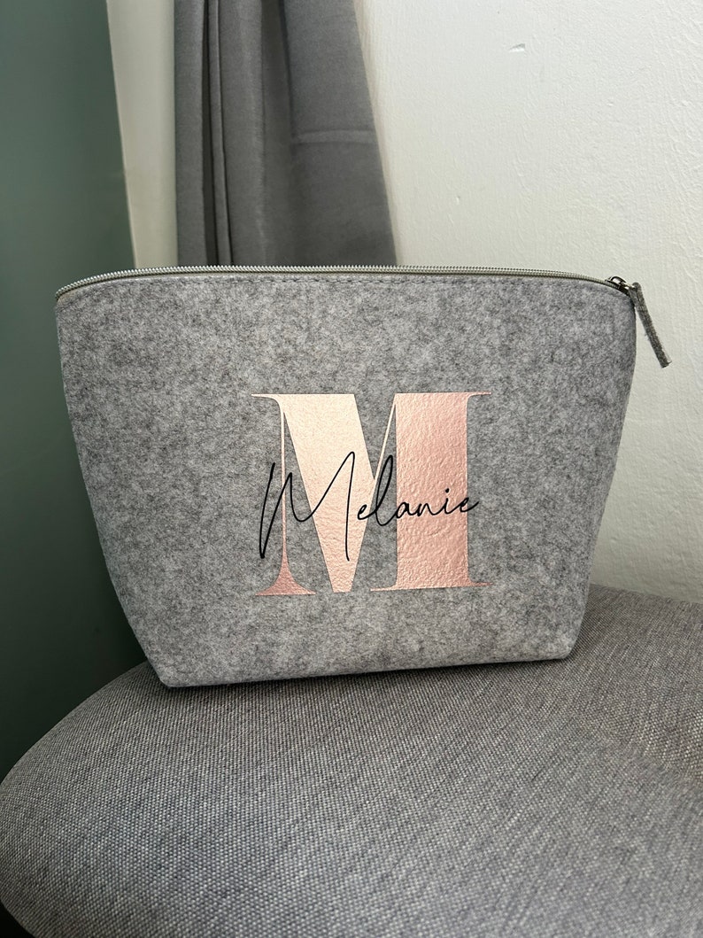 Personalized Cosmetic Bag Rosé Name Initial Felt Gift Idea image 1