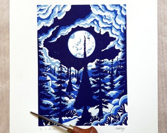 In the Pines - Original Lino Print