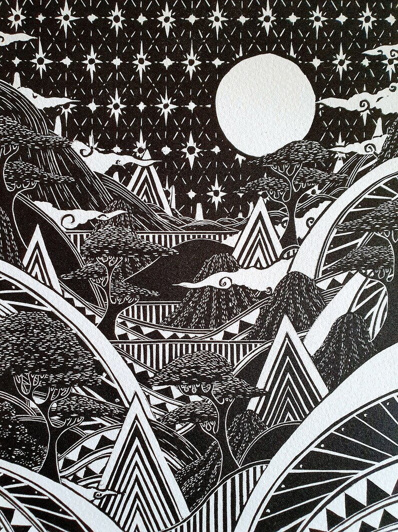 By the Stars Original lino print image 2