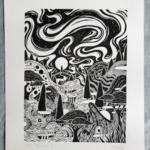 Moon and Tor - Black - Original Lino Print