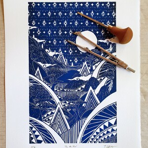 By the Stars Original lino print Blue