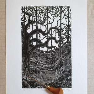 Curling Oak - Original lino print