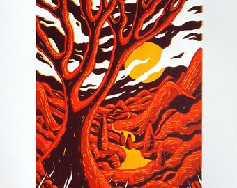 The Oak Moon - Original Lino Print