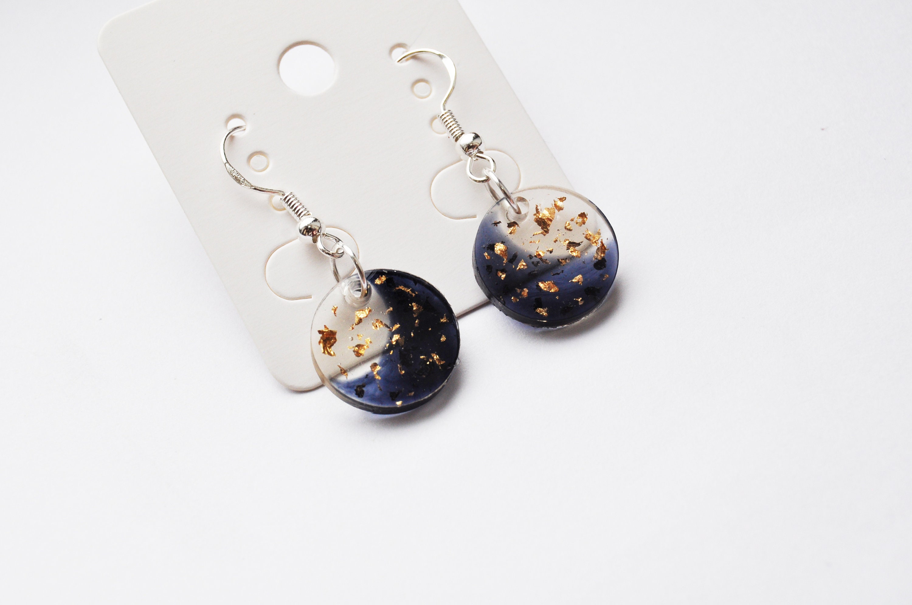 Dark Blue Resin Earrings With Gold Flakes handmade space | Etsy