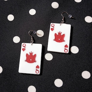 Cat Red Queen of Hearts Wonderland Playing Card Cosplay Kawaii Halloween Laser Cut Acrylic Statement Earrings Hoops Clip Ons