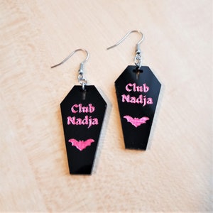 What We Do In the Shadows Club Nadja Vampire Nightclub Bat Coffin Goth WWDITS Laser Cut Acrylic Dangle Earrings