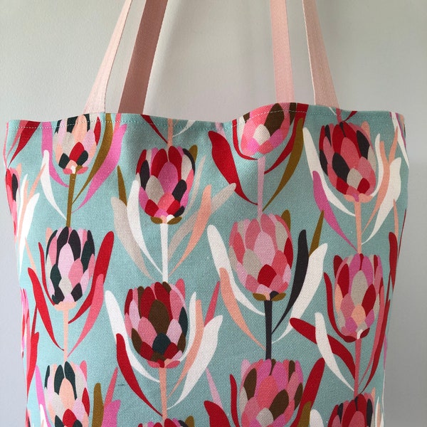 Tote Bag Lined Internal Pocket Jocelyn Proust Protea Cotton & Linen Blend Fabric Market Library Reusable