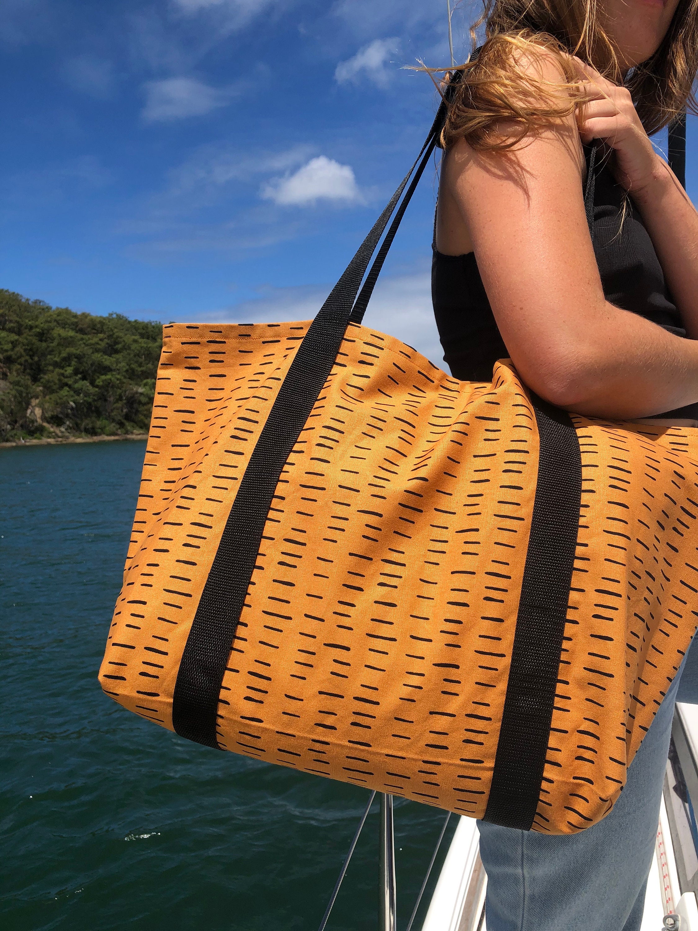 Bolsa de playa Tote Rust con tela de rayas negras Etsy