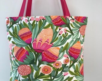 Tote Bag Lined Internal Pocket Kirsten Katz Gum Blossoms Cotton Fabric Market Library Reusable