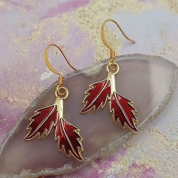 Red Enamel Leaf Earrings: Gold Tone Autumn Jewelry - Etsy