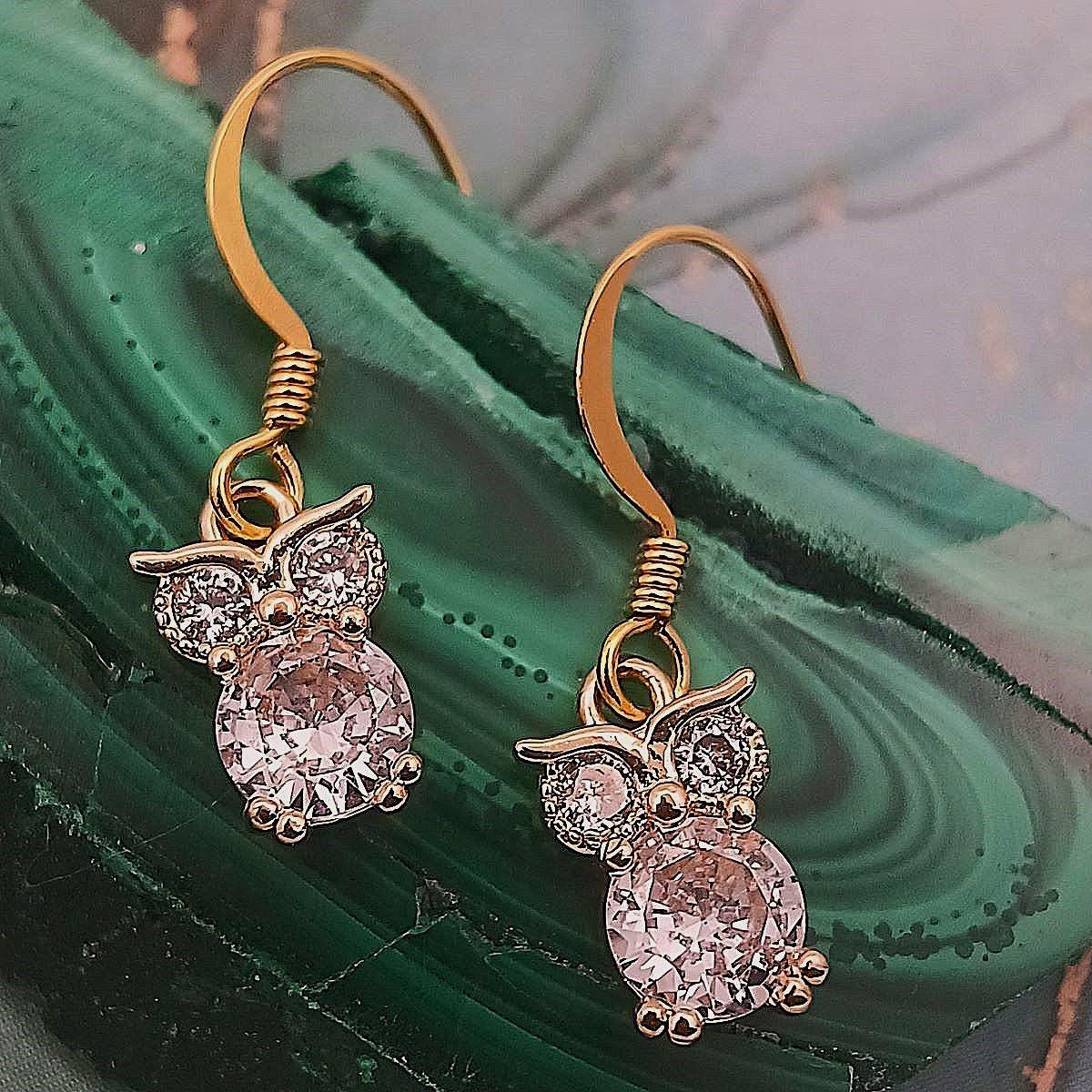 Gold Owl Earrings: Cubic Zirconia, 18k Gold Plated