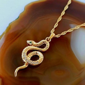 18k Gold Snake Necklace: Cubic Zirconia Pendant, 9k Gold Chain