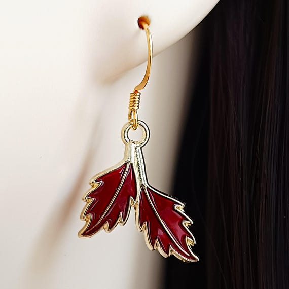 Red Enamel Leaf Earrings: Gold Tone Autumn Jewelry - Etsy display picture 1