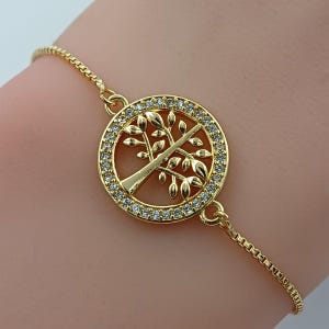 Gold Tree of Life Bracelet: 18k Plated Cubic Zirconia Slider