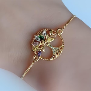 Gold Tree of Life Bracelet: Jeweled Cubic Zirconia Slider, Adjustable