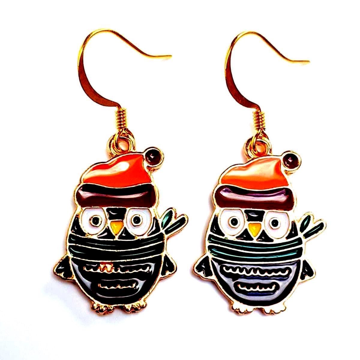 Gold Christmas Owl Earrings: Brown Enamel