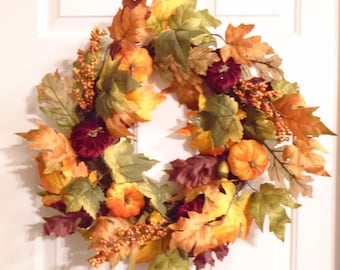 Fall Wreath | Velvet Pumpkins, Autumn Leaves & Berries