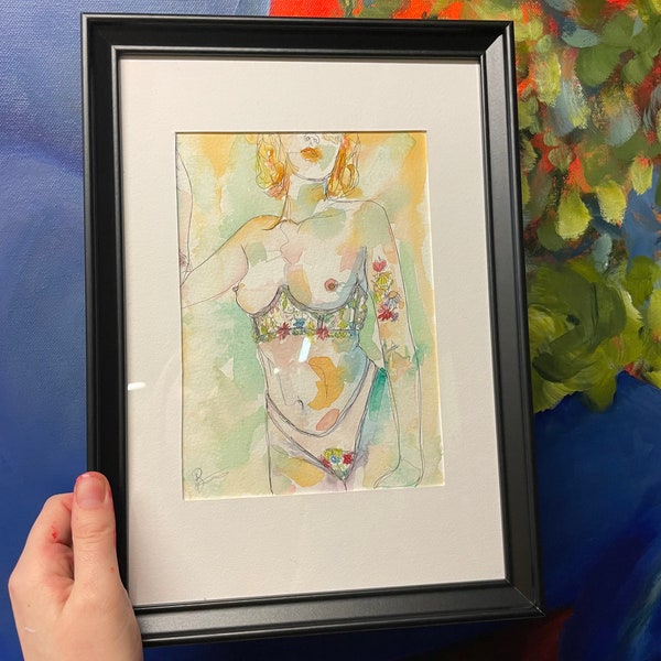 COMMANDEZ votre propre peinture nue ORIGINAL œuvre d’art personnalisée. Forme féminine nue originale aquarelle / dessin au trait continu A4 ou A5