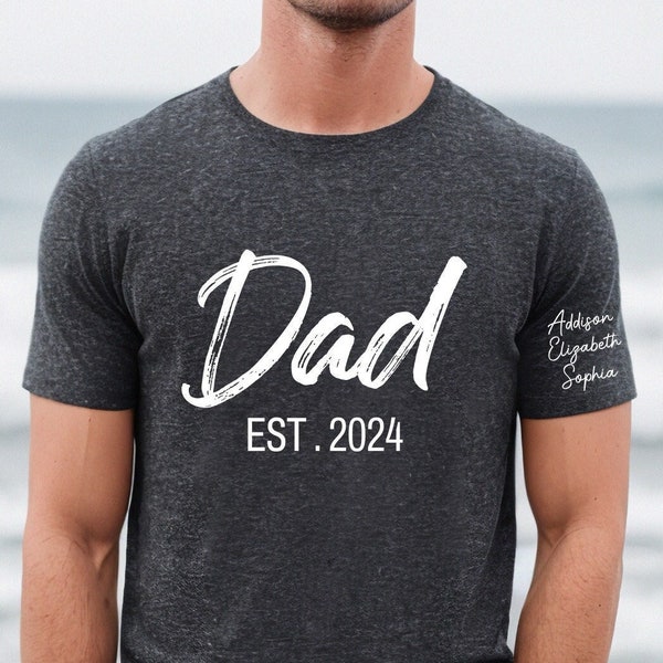 Custom Dad Est Year Children Names On Sleeve Shirt, Personalized New Dad Shirt, Father's Day T-shirt, Baby Announcement Tee