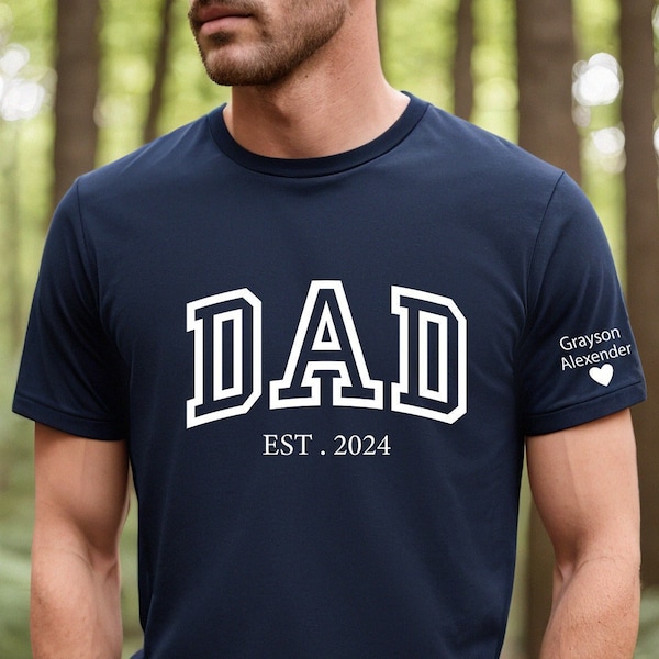 Custom Dad Est Year Children Names On Sleeve Shirt, Personalized New Dad Shirt, Father's Day T-shirt, Baby Announcement Tee