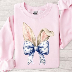 Coquette Bow Bunny Ears Sweatshirt, Cute Easter Bunny Shirt, Aesthetic Rabbit Tee, Happy Easter Gift, Soft Girl Spring Outfit,Easter Women&#39;s