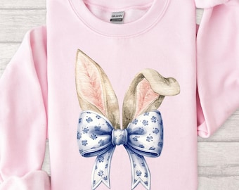 Coquette Bow Bunny Ears Sweatshirt, Cute Easter Bunny Shirt, Aesthetic Rabbit Tee, Happy Easter Gift, Soft Girl Spring Outfit,Easter Women's