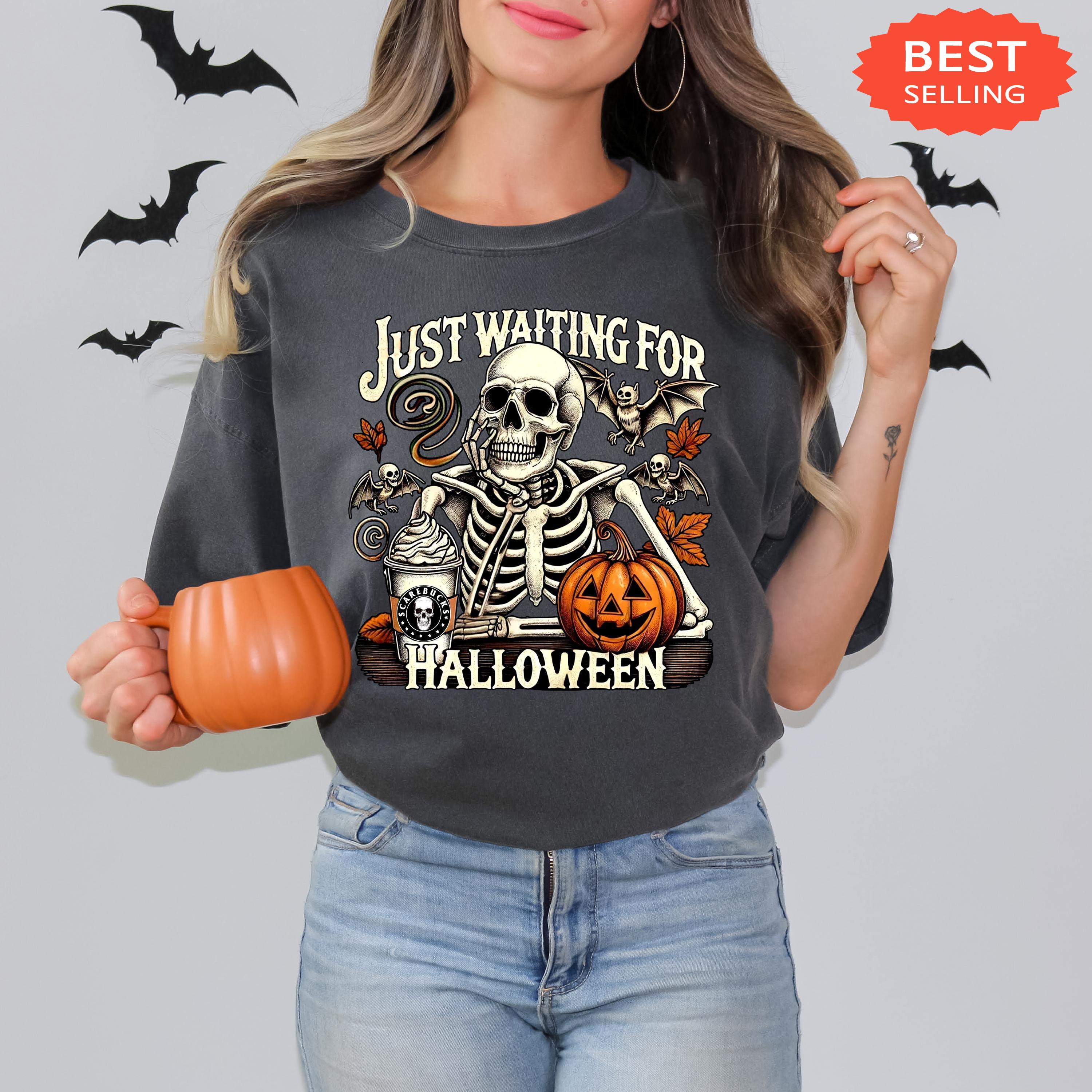 Just Waiting for Halloween Comfort Colors® Shirt, Funny Skeleton Pumpkin Shirt, Spooky Fall Graphic Shirt, Retro Halloween Womens Shirt