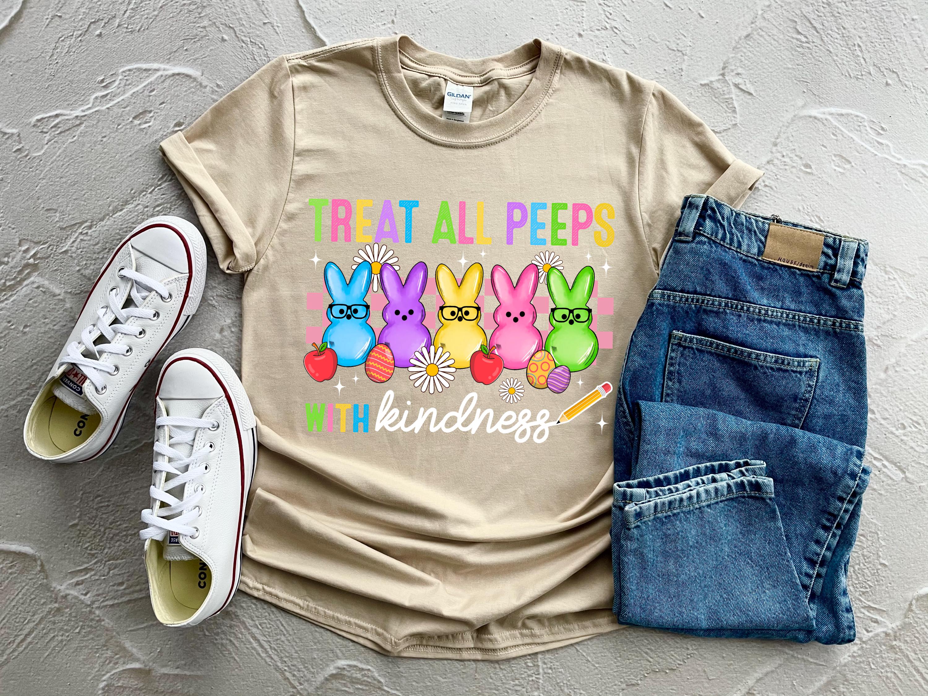 Treat All Peeps With Kindness Shirt, Süßes Lehrer Ostershirt, Hasen T-Shirt, Ostergeschenk für Lehrer, Lehrer Frühling Outfit, Osterschule
