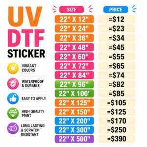 Könnte beinhalten: UV DTF-Aufkleber-Grafik mit Größen- und Preisoptionen. Der Aufkleber zeichnet sich durch leuchtende Farben aus, ist wasserfest und langlebig, einfach anzubringen und hat einen hochwertigen Druck. Größen von 55.88cm x 30.48cm bis 55.88cm x 1270cm.