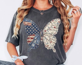Comfort Colors® Patriotic Butterfly Shirt, 4th Of July Shirt, American Flag Butterfly Tee, Floral Graphic T Shirt, Print Only — Not a Patch