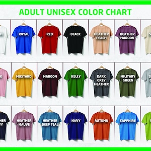 May include: Color chart showing 24 different t-shirt colors. The colors are arranged in three rows of eight. The colors include white, royal blue, red, black, heather peach, heather maroon, sand, pink, mustard, maroon, kelly green, dark grey heather, military green, sport grey, heather navy, heather mauve, heather deep teal, navy, autumn, sapphire, and kiwi.