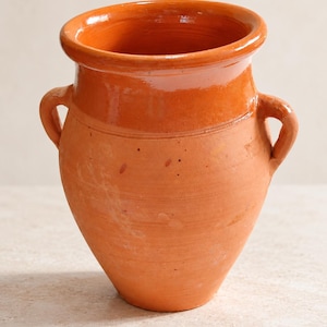 May include: A terracotta vessel featuring a wide, rounded rim and two side handles. The upper portion of the pot has a smooth, glazed orange finish, while the lower body displays a matte, natural clay texture with subtle surface variations.