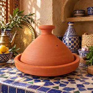 May include: A terracotta tagine with a wide, circular base and a conical lid featuring a small knob handle at the top and a single ventilation hole on the side. The cooking vessel is crafted from unglazed, reddish-brown clay with a smooth surface.